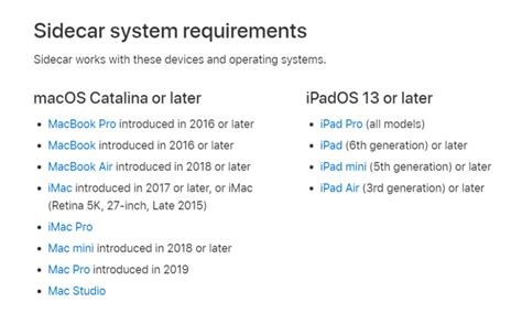 Apple Sidecar System Compatible Device List