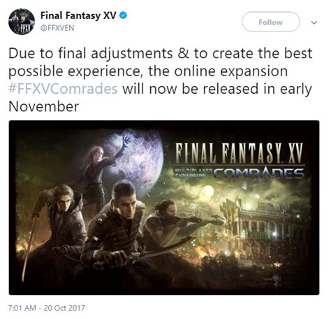 Final Fantasy XV Multiplayer Expansion “Comrades” Delayed!